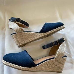Style & Company Shoes. Blue suede and twine wedge. Ankle strap.